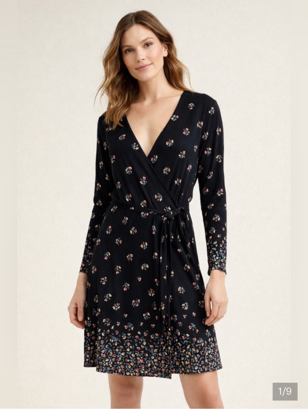 LOFT Black Floral Wrap Midi Dress